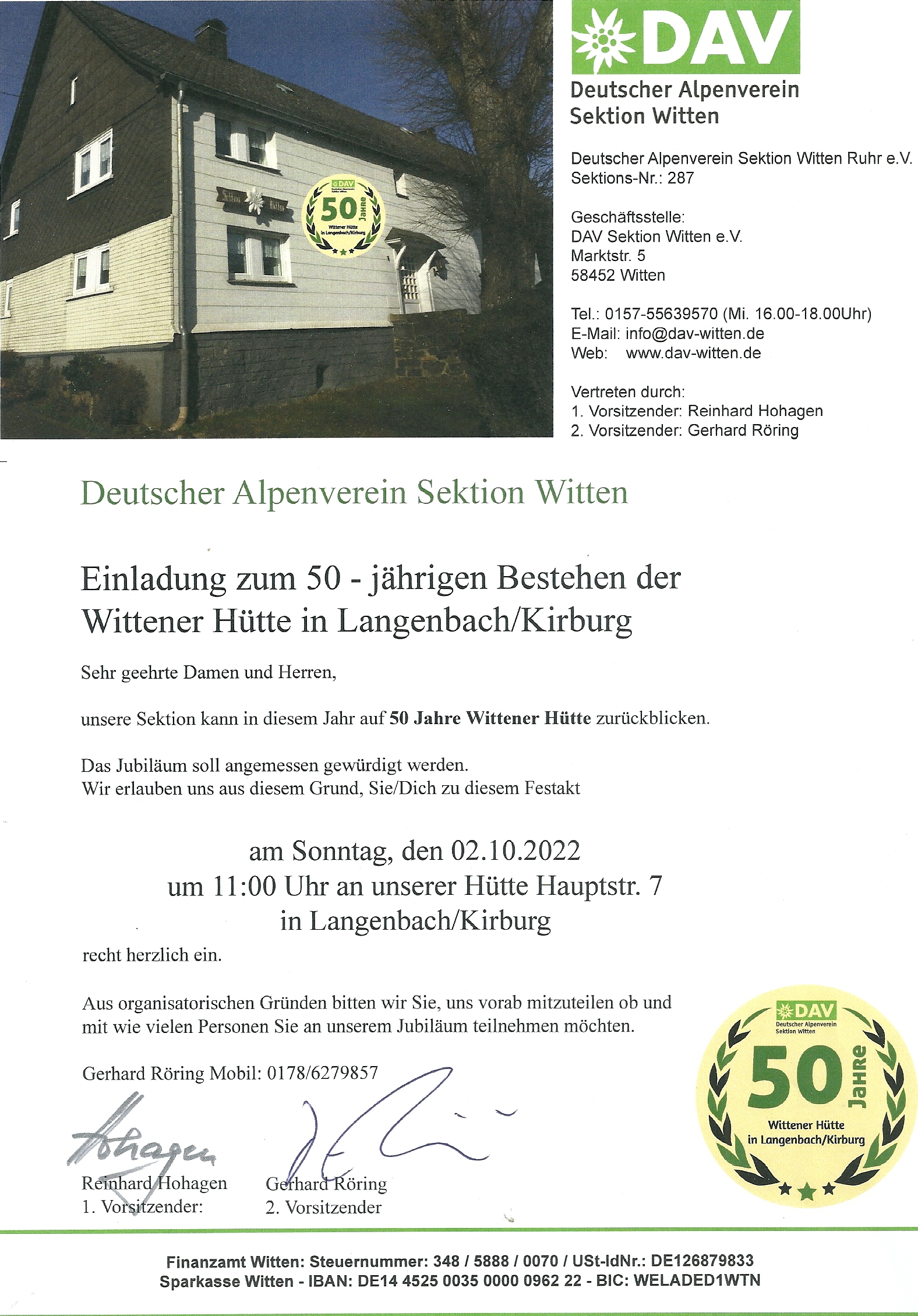 Einladung Zum Hüttenjubiläum - Deutscher Alpenverein - Sektion Witten